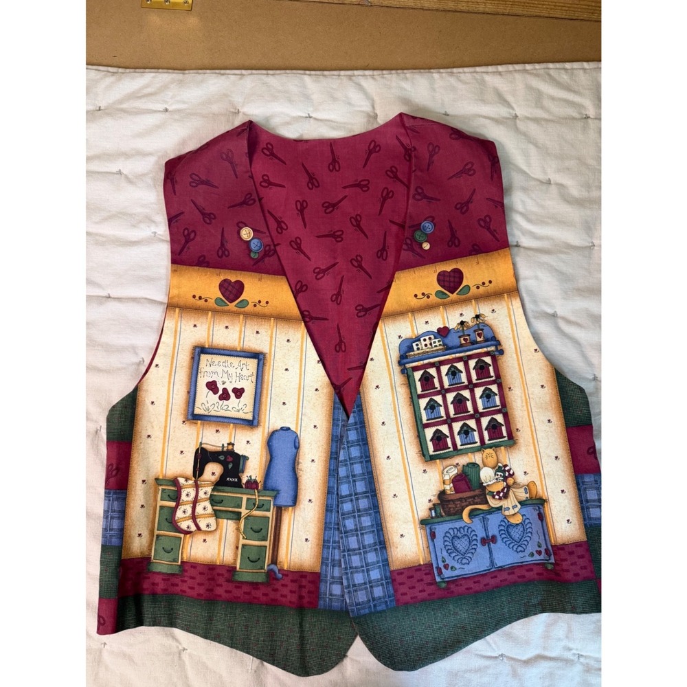 Homemade Woman's Vest L?‎ Sewing Quilting  Scissors Print Cottagecore Whimsical